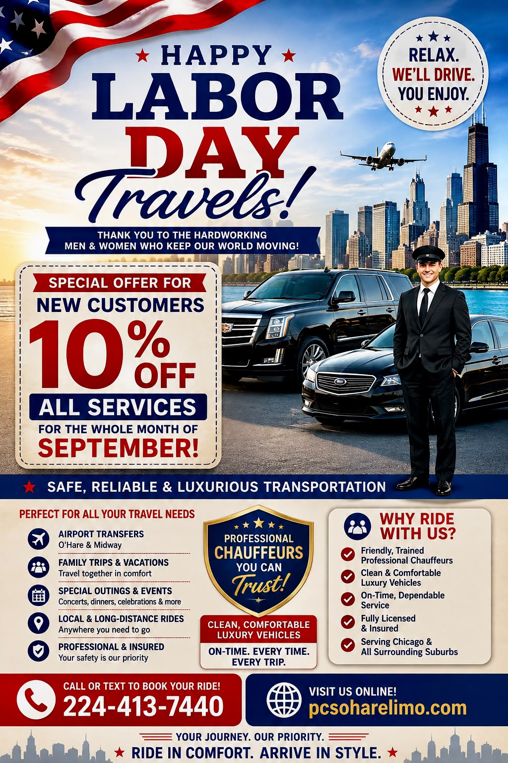 Labor Day travel special from Private Chauffeur Services Chicago - 10% off all services for new customers in September